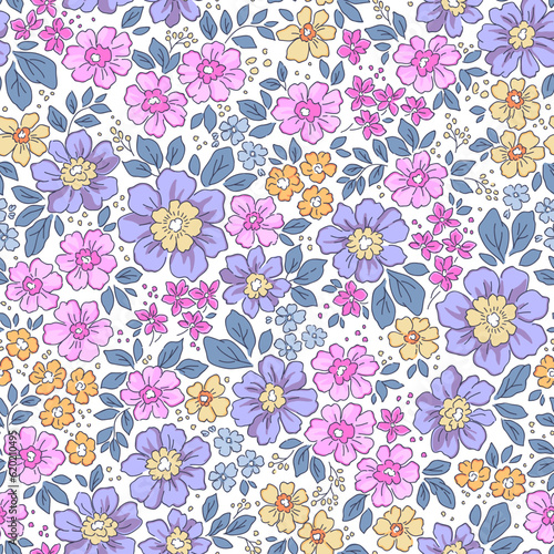 Beautiful floral pattern in small flowers. Small colorful pastel flowers. White background. Liberty print. Floral seamless background. Trendy template for fashion prints. Stock pattern.