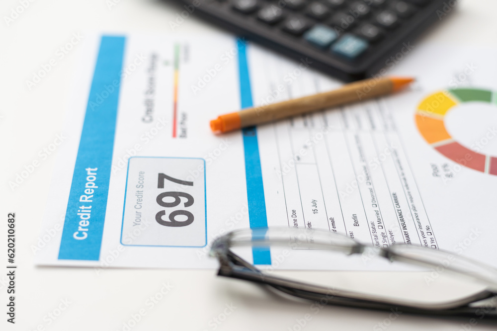 Credit report with score on a desk Credit report with score on a desk