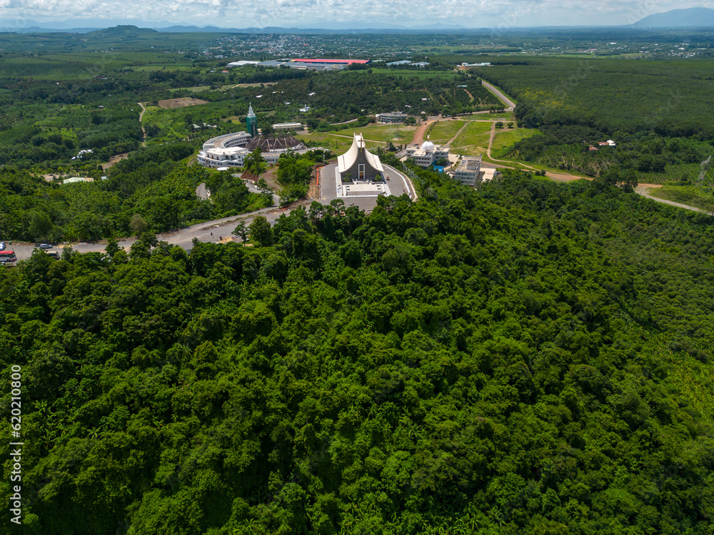 Aerial view of church on a Nui Cui mountain in Dong Nai province, Vietnam.
