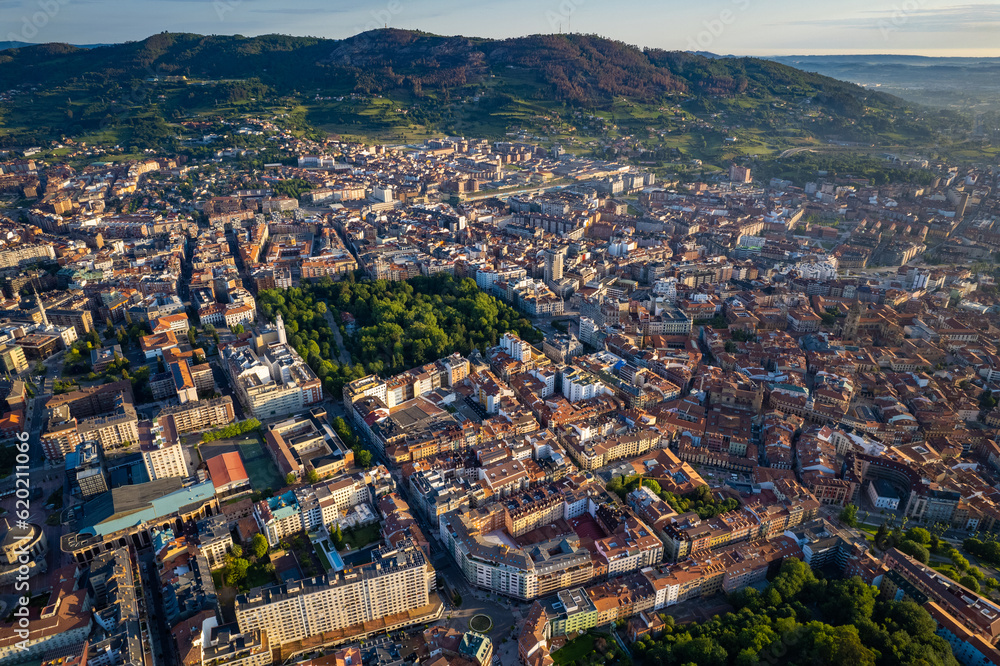 Fototapeta premium Oviedo, Spain - Aerial view of the Spanish city of Oviedo at sunrise during summer