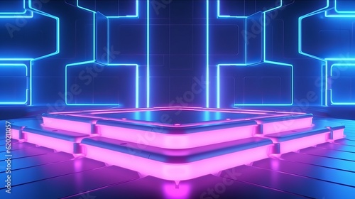 Illustration of a room with vibrant neon lights creating a colorful and energetic atmosphere