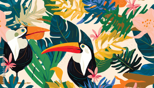 Modern exotic jungle pattern with toucan bird. Collage contemporary seamless pattern. Hand drawn cartoon style pattern.