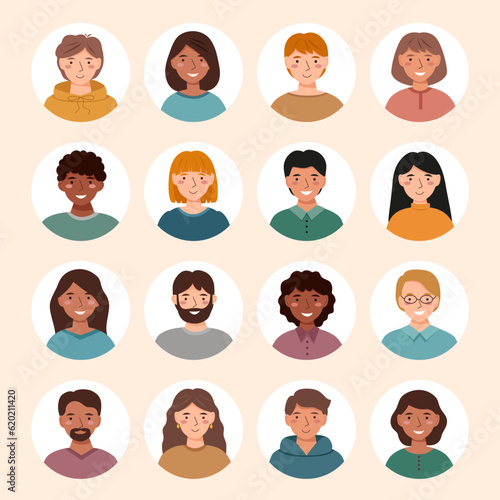 Set of portraits of different people in the flat style. Men and women avatars collection.	
