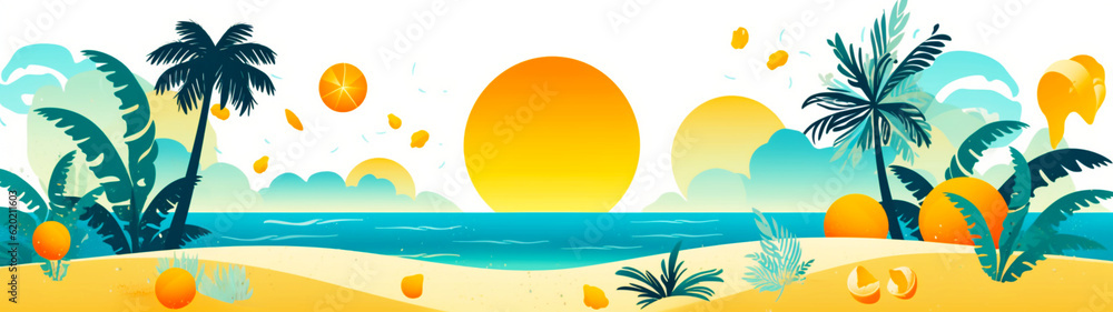 Watercolor banner with vacation concept background. Palm and sea at sunset. Copy space. Generative AI