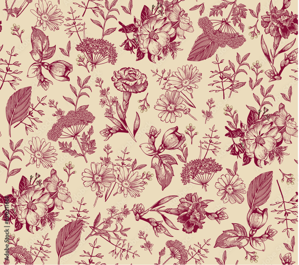 Seamless pattern Rosehip Carnation Chamomile fabric blooming realistic isolated flowers. Vintage background. Set Jasmine wildflowers. Wallpaper baroque. Drawing engraving. Vector illustration