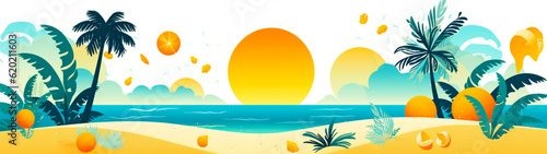 Watercolor banner with vacation concept background. Palm and sea at sunset. Copy space. Generative AI © Катерина Нагірна