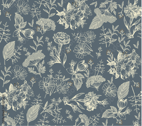 Seamless pattern Rosehip Carnation Chamomile fabric blooming realistic isolated flowers. Vintage background. Set Jasmine wildflowers. Wallpaper baroque. Drawing engraving. Vector illustration