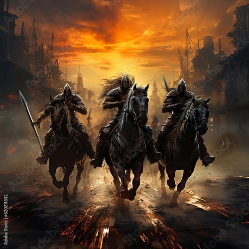  'Epic Battle: Armored Warriors on the Midjourney.' This captivating artwork portrays mighty warriors, adorned in gleaming armor, gallantly riding their powerful steeds against a backdrop war  © Sheha