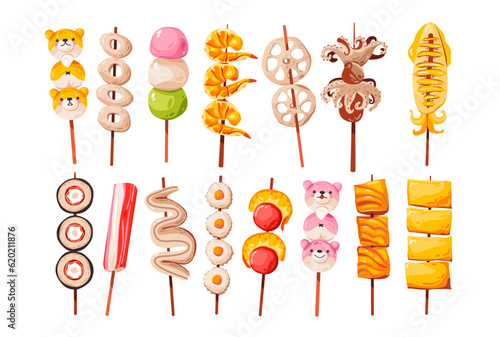 apanese street food. Yakitori set with different skewers. Asian fast food. Vector illustration 