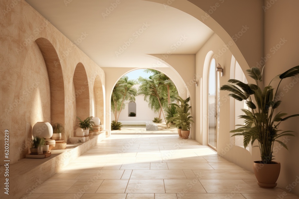 modern hallway 3d design with arch and stone wall with plants Generative AI modern hallway 3d design with arch and stone wall with plants Generative AI
