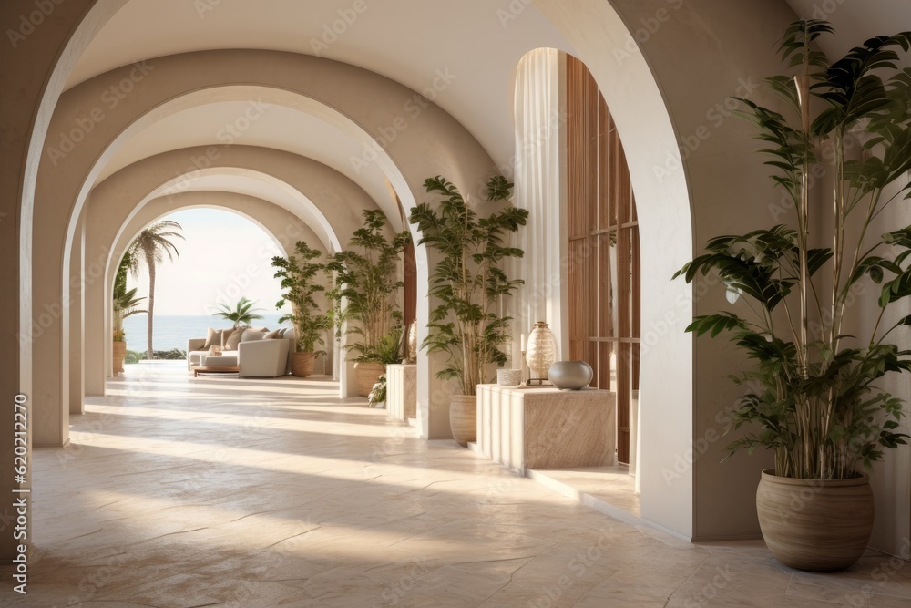 modern hallway 3d design with arch and stone wall with plants Generative AI