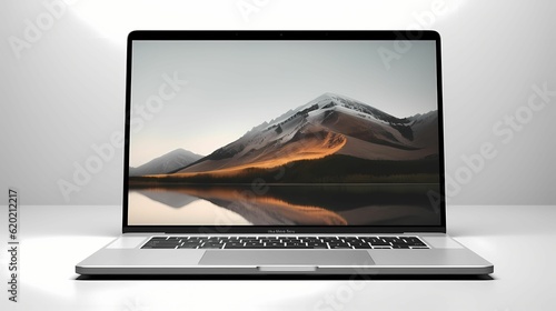 Laptop with landscape screen on grey background suitable for pc or laptop screen saver 