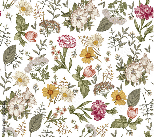 Seamless pattern Rosehip Carnation Chamomile fabric blooming realistic isolated flowers. Vintage background. Set Jasmine wildflowers. Wallpaper baroque. Drawing engraving. Vector illustration