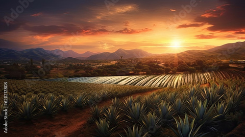 Agave tequilana, Sunset landscape of a tequila plantation. © Olga