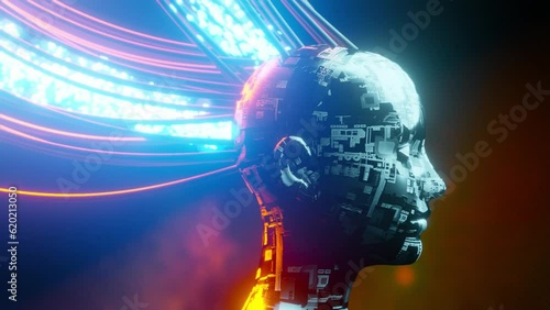 AI robot connected to grid. Concept of future human, general artificial intelligence, machine learning, data streaming