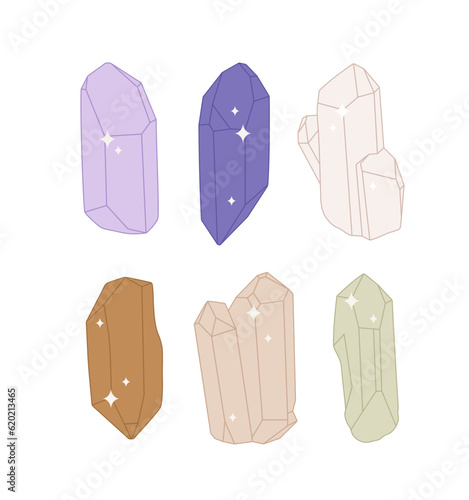 Hand-drawn crystal minerals set. Minimalistic flat design, retro style. Geometric gemstone drawing.