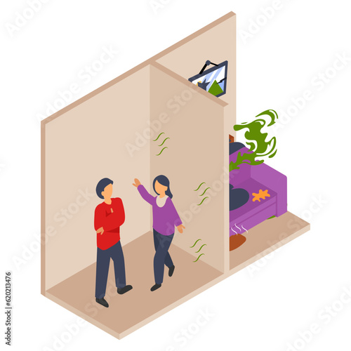 Garbage collectors next door isometric Concept,  Odors nuisance or Smells Vector Color Icon Design, neighbourhood conflicts Stock illustration, bad neighbors Symbol, Trash haulers 