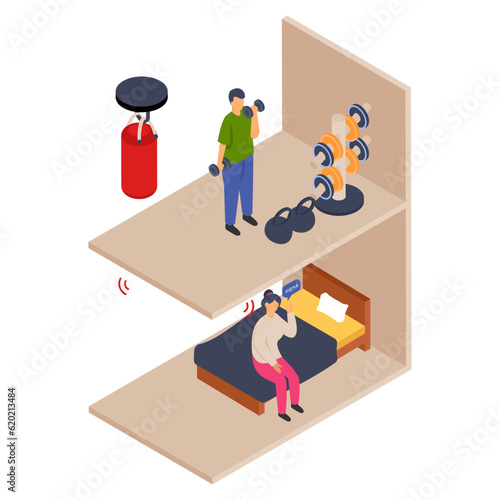 Upstairs resident engaging in energetic workouts or exercises, causing disturbance to the occupants of the lower floor due to the noise from the dumbbells Vector Icon Design, neighbourhood conflicts
