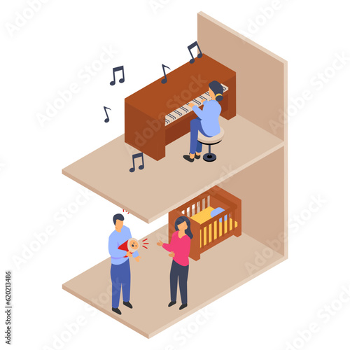 Noisy pianist neighbor isometric Concept,  Baby Cant Sleep Loud Piano Vector Color Icon Design, neighbourhood conflicts Stock illustration, bad neighbors Symbol
