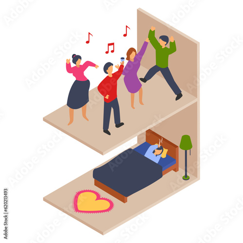 Resounding footsteps from the upstairs neighbors isometric Concept, Individuals reveling and celebrating loudly on the floor above Vector Icon Design, neighbourhood conflicts Stock illustration