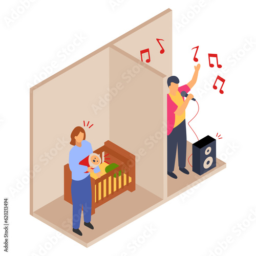Music-loving neighbors whose noise is keeping the baby awake isometric Concept, Rambunctious neighbors Vector Color Icon Design, neighbourhood conflicts Stock illustration, bad neighbors Symbol,