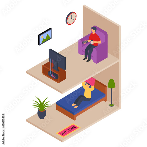 Loud Noise Bad Etiquette isometric Concept, Neighbor Woman Suffering from loud television sounds Vector Color Icon Design, Neighbourhood conflicts Stock illustration, bad neighbour Symbol