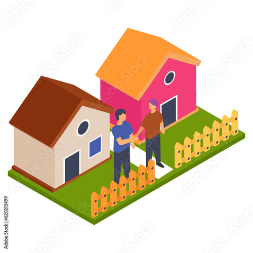 Peace or Conflict resolution isometric Concept, Amicable neighbors greeting each other Vector Color Icon Design, neighbourhood conflicts Stock illustration, bad neighbors Symbol