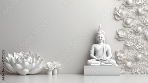 clean flat deep white day buddhism religion paper background with budha and lotus as decoration