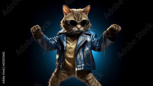 Happy cat animal in disco clothes dancing on the party