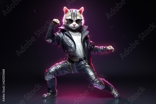 Illustration of a cat wearing a stylish leather outfit showing off its dance moves
