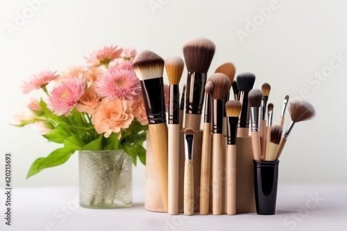 Set of cosmetic products for makeup with natural brushes white background