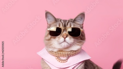 Illustration of a cool cat wearing sunglasses and a chain on a vibrant pink background