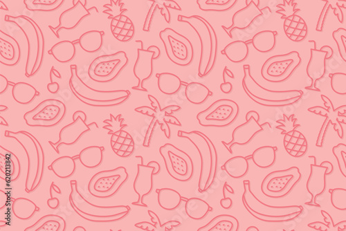 summer seamless pattern with banana, cocktail, pineapple, sunglasses, cherry, palm tree and papaya- vector illustration