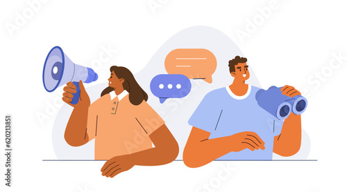 Digital business concept. Men and women standing together, holding binocular and megaphone loudspeaker and looking for new opportunities. Vector illustration.