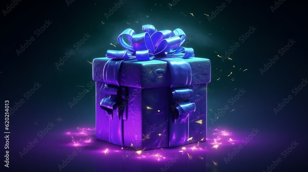 © NK - Illustration a futuristic gift box, adorned with a ribbon and purple neon dust on dark background © NK - Illustration a futuristic gift box, adorned with a ribbon and purple neon dust on dark background