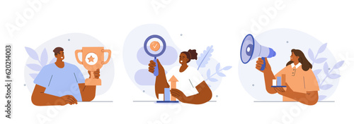 Digital business concept illustration. Collections of men and women setting goals, objectives, successfully accomplish achievement and receiving reward. Vector illustrations set.
