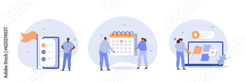 Time management illustration set. Collection of characters organizing schedule, planning calendar appointments and successfully completing work tasks. Organization concept. Vector illustration.