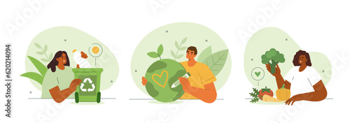 Sustainable lifestyle concept illustration. Collections of men and women characters recycling plastic garbage, eating vegetables and taking care of nature. Vector illustrations set. © Irina Strelnikova