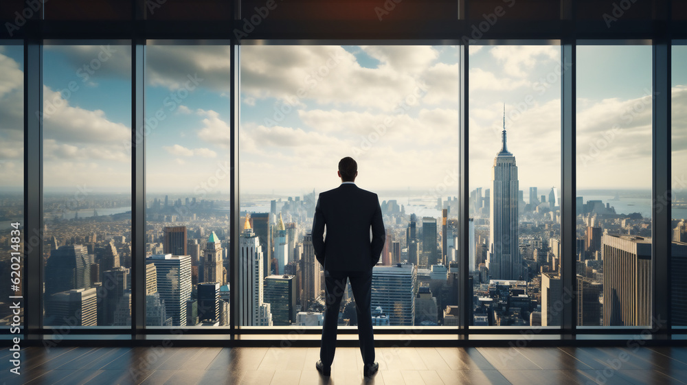 Fototapeta premium Mature businessman in formal suites standing at the big windows in office building. Man looking at city in the evening. Concept of success and appreciation. Rear view, city panorama Generative AI.