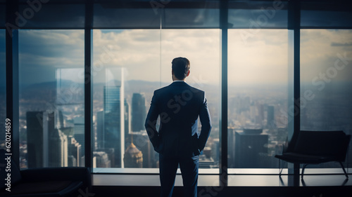 Mature businessman in formal suites standing at the big windows in office building. Man looking at city in the evening. Concept of success and appreciation. Rear view, city panorama Generative AI.