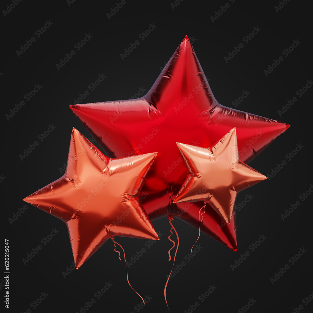 Obraz premium Bunch of foil balloons. Star shaped red balloons 3D rendering.