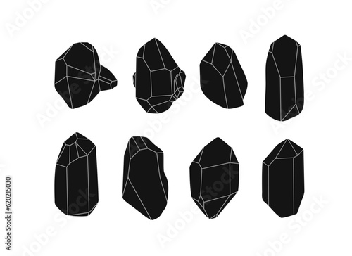 Hand-drawn crystal minerals set. Minimalistic flat design, retro style, black colour. Geometric gemstone drawing.