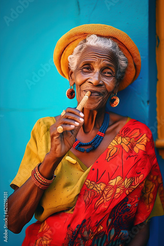 Colorful portrait of an old cuban woman smoking a cigar, travel and tourism in Cuba photo