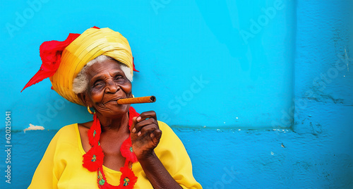 Colorful portrait of an old picturesque cuban woman smiling and smoking a cigar, blue wall panoramic background with copy-space, travel and tourism in Cuba header