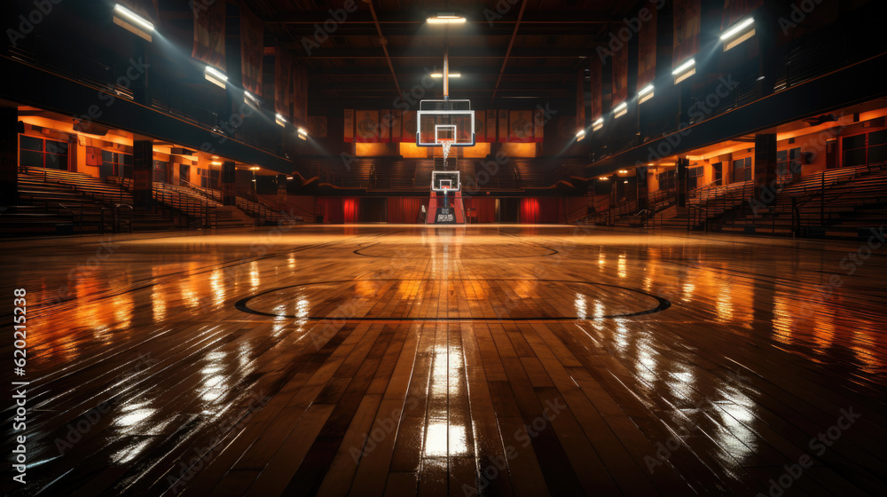 Shining basketball court with wooden floor illustration. Modern indoor stadium illuminated with spotlights cartoon design. Championship or tournament. Sport arena or hall for team games concept