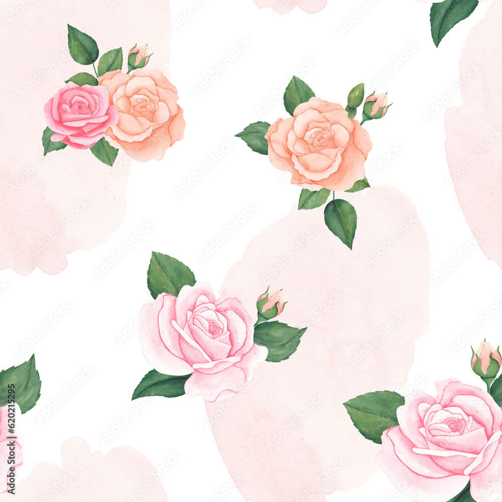 Seamless watercolor floral pattern - pink blush flowers elements, green ...