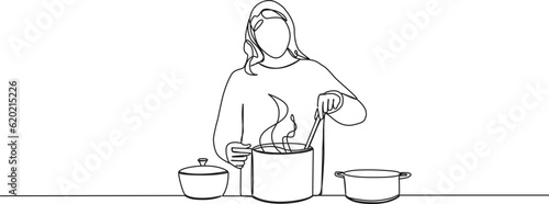 continuous single line drawing of person preparing food in kitchen, cooking concept line art vector illustration