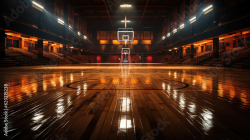 Shining basketball court with wooden floor illustration. Modern indoor stadium illuminated with spotlights cartoon design. Championship or tournament. Sport arena or hall for team games concept © Olga