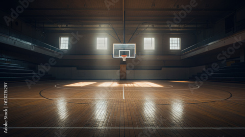 Shining basketball court with wooden floor illustration. Modern indoor stadium illuminated with spotlights cartoon design. Championship or tournament. Sport arena or hall for team games concept