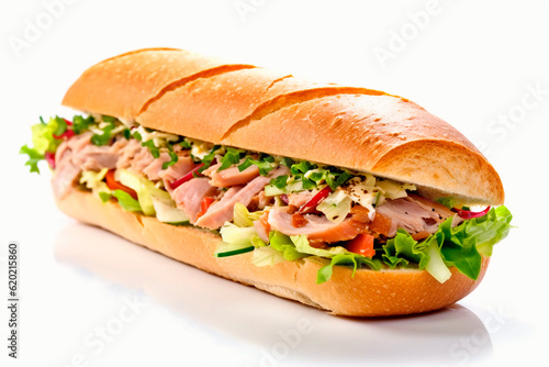 Submarine ham sandwich on a white background. Generative AI 